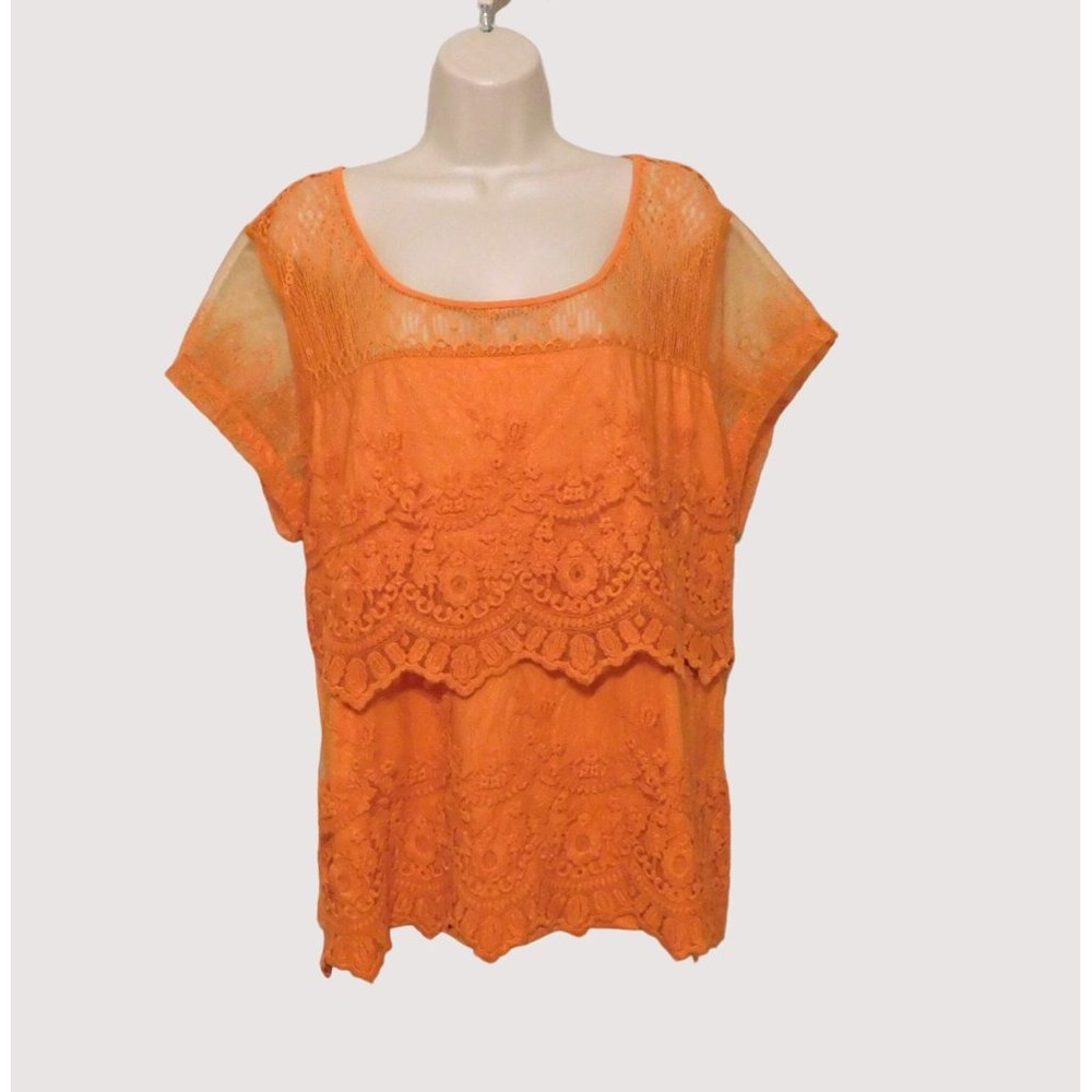 Skyes The Limit Lace Floral Blouse Womens 2X Orange Boho Layered Top Short Sleev